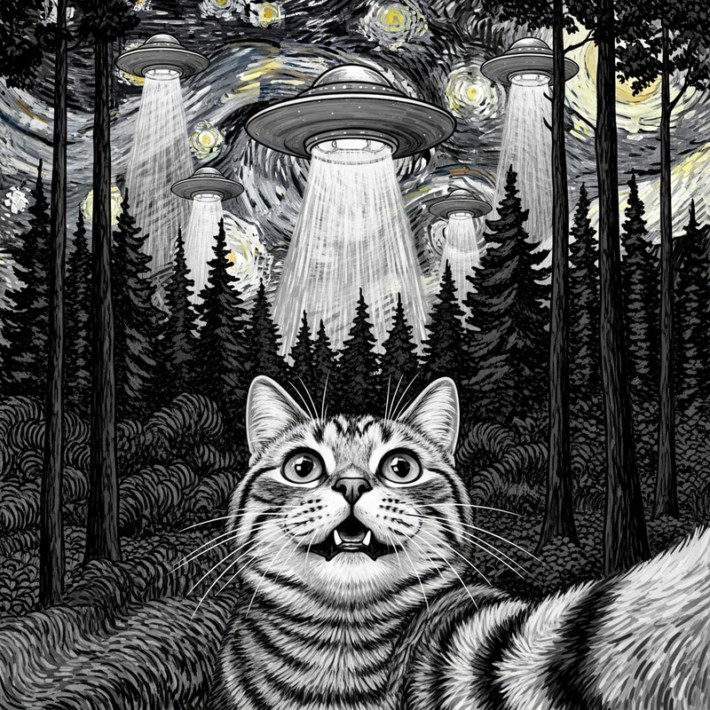 Mesmerized Cat and UFOs in Vincent Van Gogh Style Mesmerized Cat and UFOs in Vincent Van Gogh Style