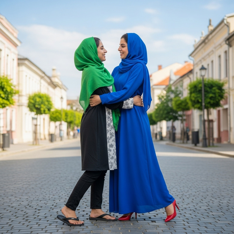 Iranian and Arab Girls Expressing Affection in Traditional Attire