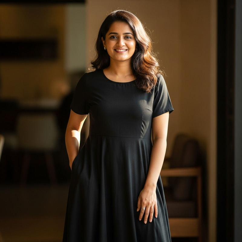South Asian Woman in Casual Black Dress | Relaxed & Elegant South Asian Woman in Casual Black Dress | Relaxed & Elegant
