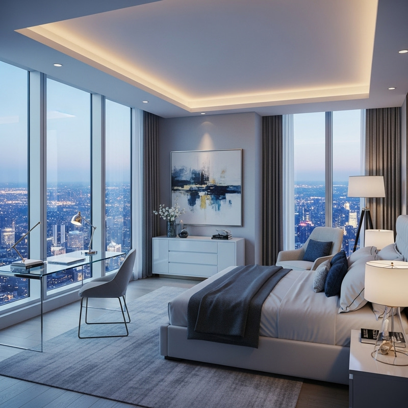 Realistic Bedroom in Skyscraper with Panoramic City Views Realistic Bedroom in Skyscraper with Panoramic City Views