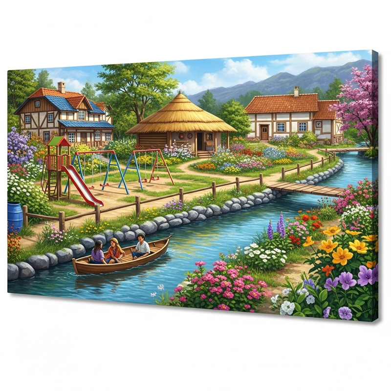 Scenic Village with River, Playground, Hut, and Garden Scenic Village with River, Playground, Hut, and Garden