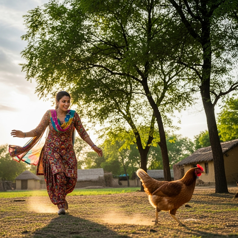 Mother Chasing Hen in Rural Setting | Authentic Countryside Scene