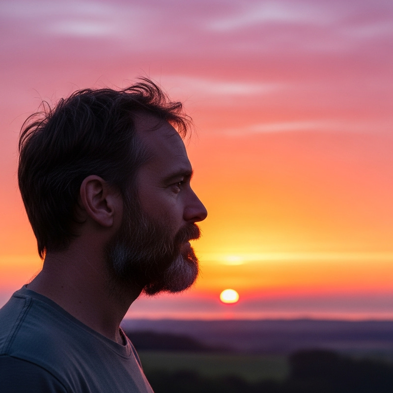 Bearded Man Looking at Sunrise on Horizon Bearded Man Looking at Sunrise on Horizon