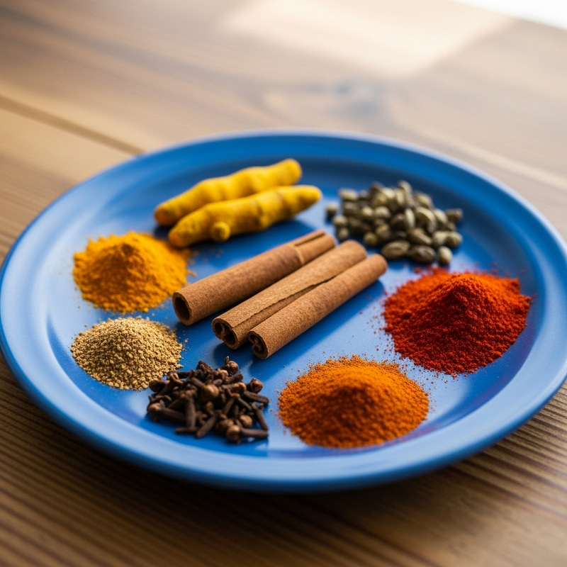 Colorful Spices on a Blue Plate: Aromatic Display Colorful Spices on a Blue Plate: Aromatic Display