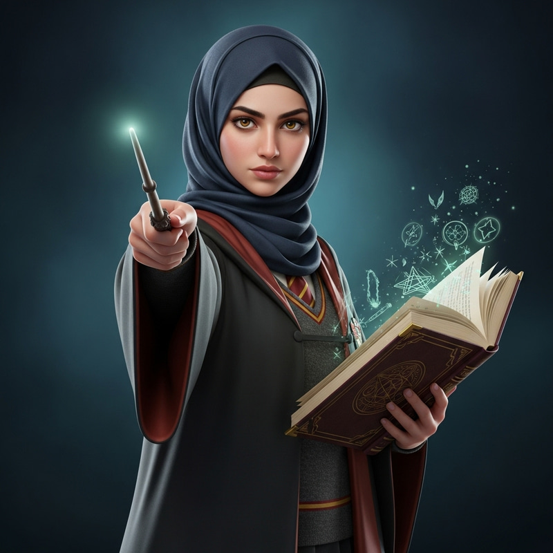 Muslim Hermione: Young Middle-Eastern Female Wizard in Traditional Robes