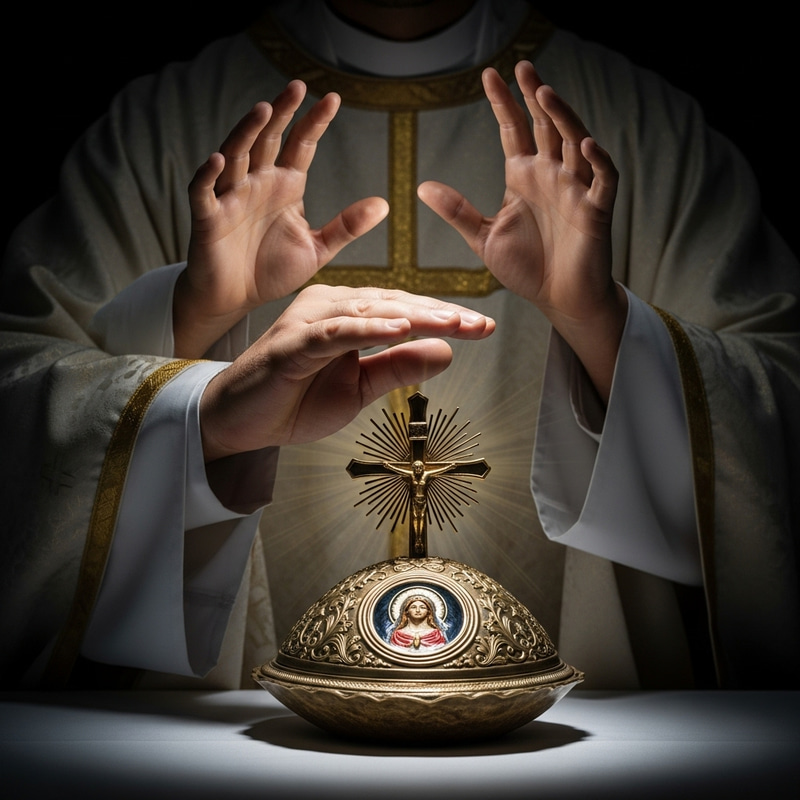 Priest Consecrating Sacred Form with Jesus' Hands Priest Consecrating Sacred Form with Jesus' Hands