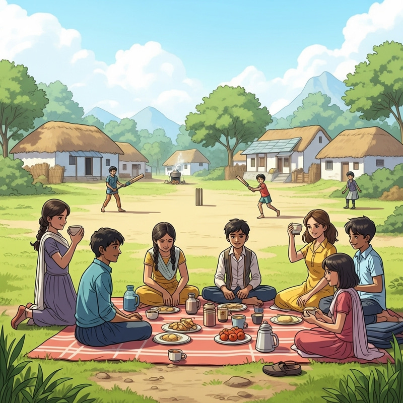 Diverse Children Playing Cricket in a Picturesque Indian Village Setting Diverse Children Playing Cricket in a Picturesque Indian Village Setting