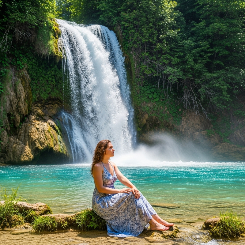 Beautiful Girl by a Tranquil Waterfall Scene