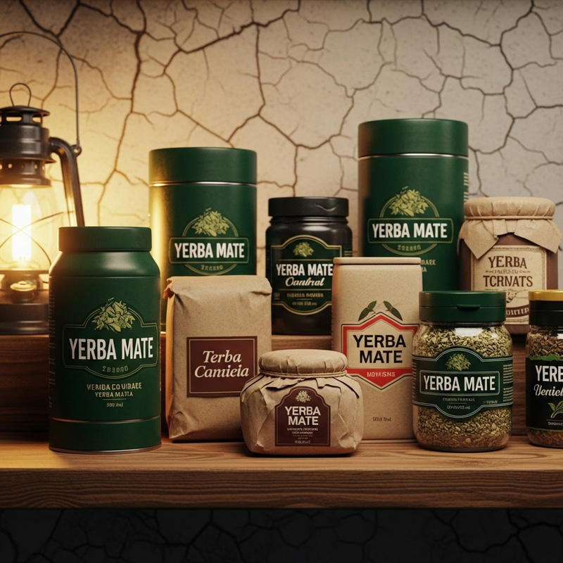 Vintage Yerba Mate Brands Displayed on Wooden Shelves