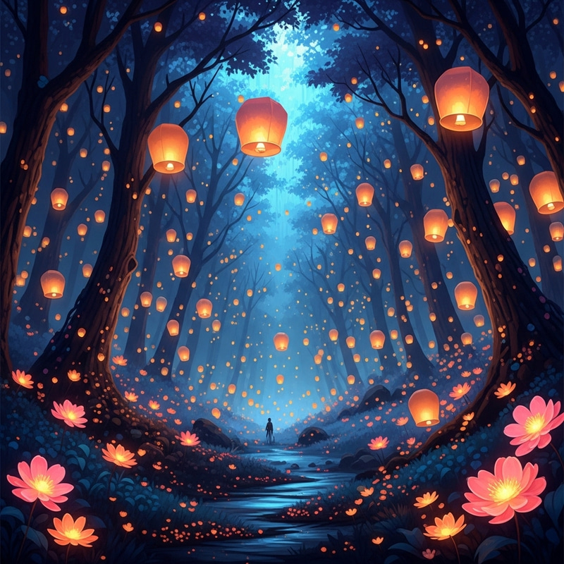 Mystical Forest with Floating Lanterns and Glowing Flowers Mystical Forest with Floating Lanterns and Glowing Flowers