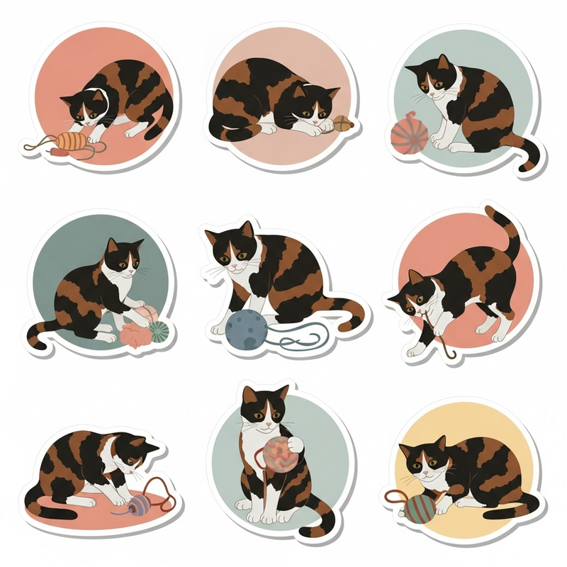 Cute Tortoiseshell Cat Stickers in Morandi Colors