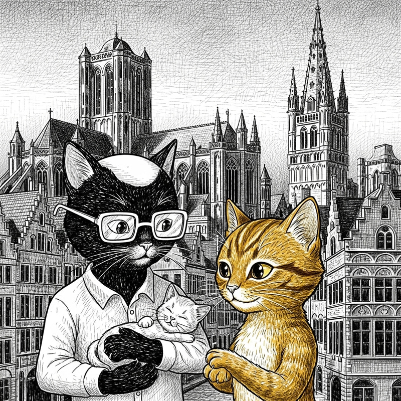 Black & White Crosshatched Illustration of Felix & Kitty in Ghent with Newborn