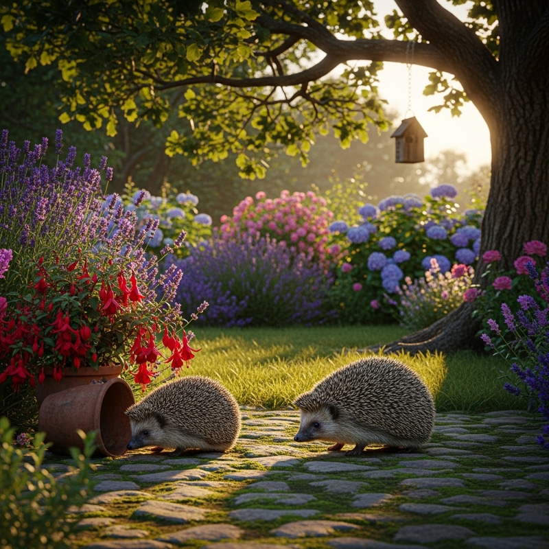 Cute Hedgehogs in a Charming Garden Cute Hedgehogs in a Charming Garden