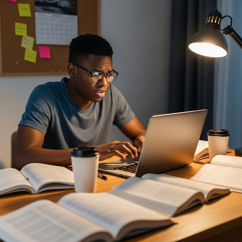 Confused Student at Desk with Laptop | Study Session Imagery Confused Student at Desk with Laptop | Study Session Imagery