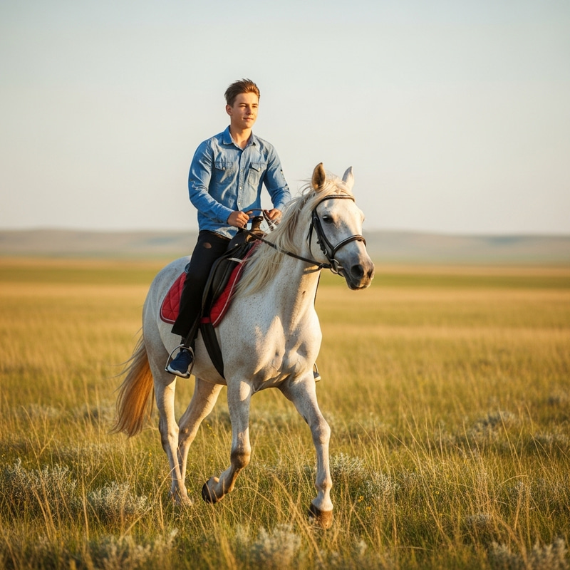 14-Year-Old Boy Riding Majestic White Horse in the Vast Steppe 14-Year-Old Boy Riding Majestic White Horse in the Vast Steppe