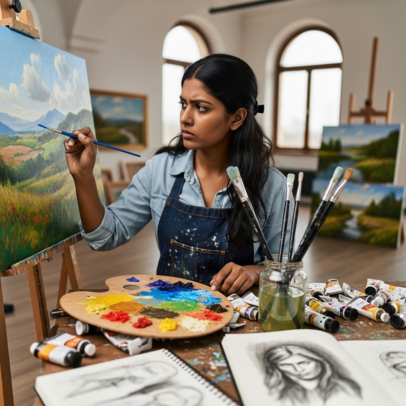 Female Artist Painting a Beautiful Picture | Creative Art Studio