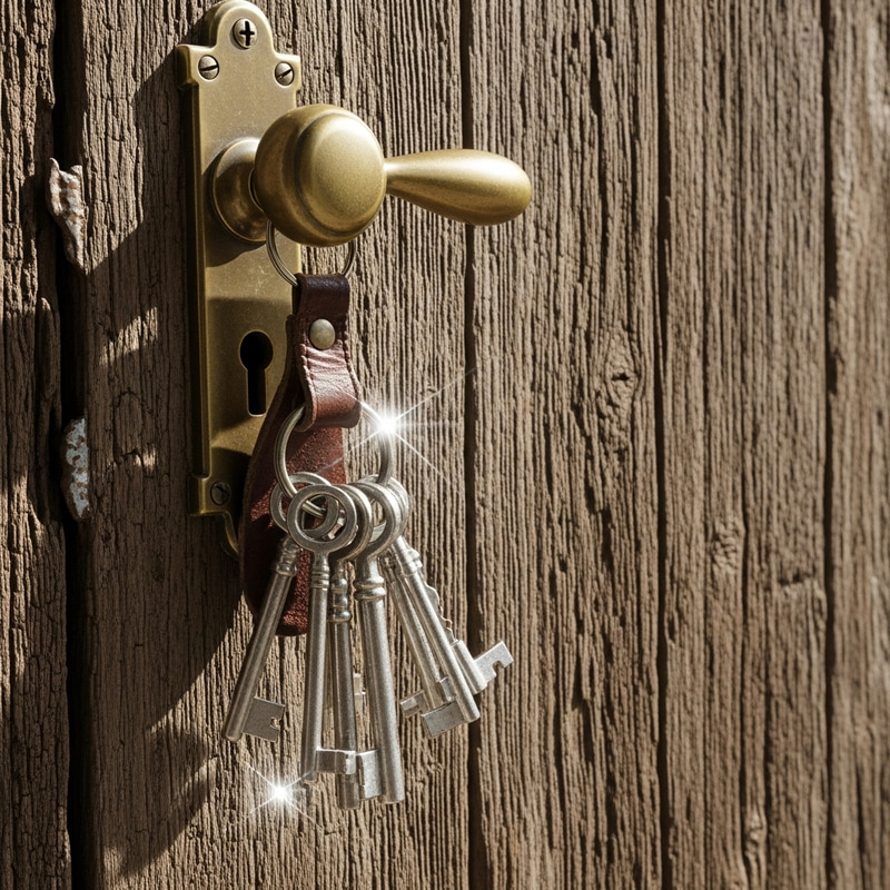 Antique Keys on Rustic Door Handle Antique Keys on Rustic Door Handle