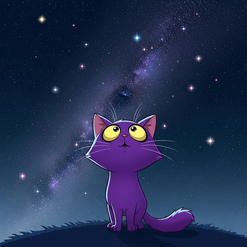 Cute Cartoon Cat under Starry Night Sky Cute Cartoon Cat under Starry Night Sky