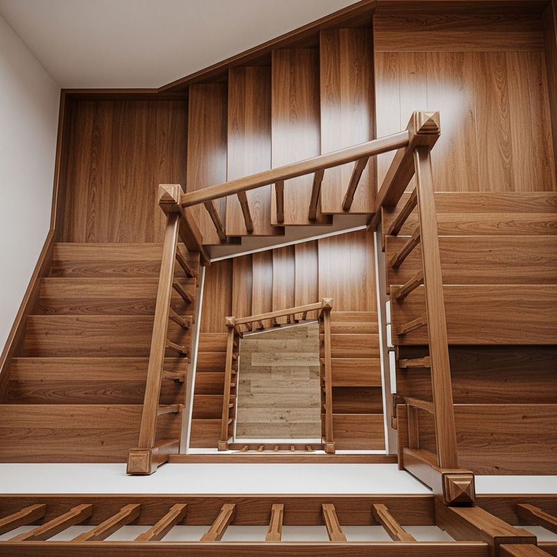 Warm and Inviting Wooden Staircase, Realistic Home Ambiance