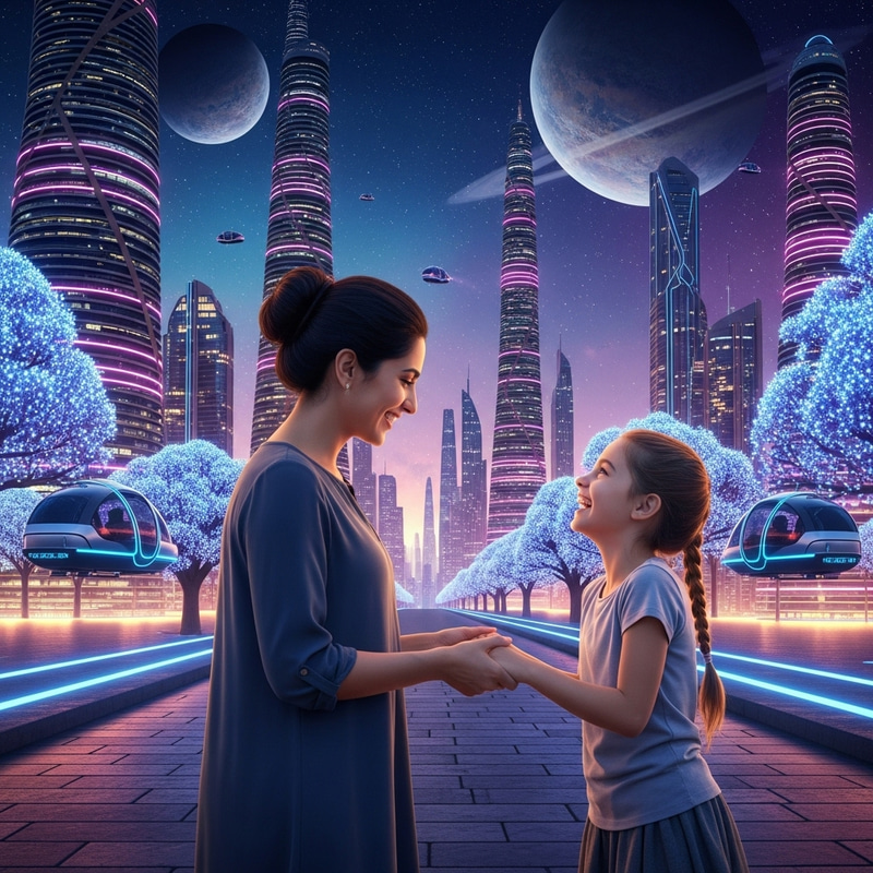 Mother and Daughter Bonding in Whimsical Futuristic Setting Mother and Daughter Bonding in Whimsical Futuristic Setting