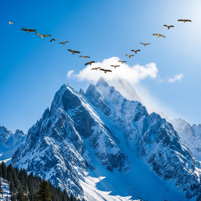 Majestic Snowy Mountain with Various Birds and Snow