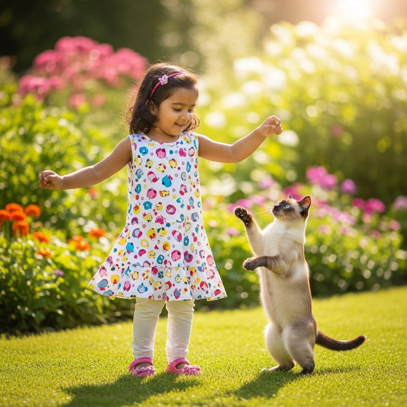Playful Cat Dance with Girl in Sunlit Garden