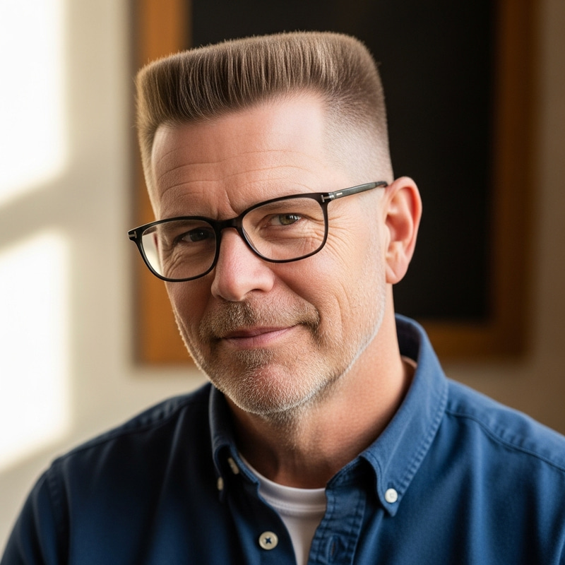 Middle-Aged Man with Flat Top Haircut and Glasses | Stylish Image Middle-Aged Man with Flat Top Haircut and Glasses | Stylish Image