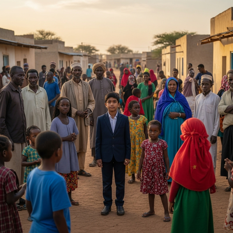 Village Boy in Traditional Attire Surrounded by Community Members