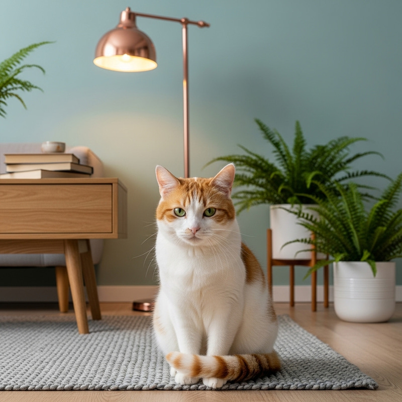 Cute White and Orange Cat Relaxing in Cozy Living Room