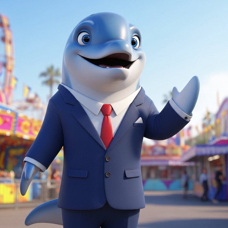 Cheerful Adult Dolphin Mascot in Pixar Style