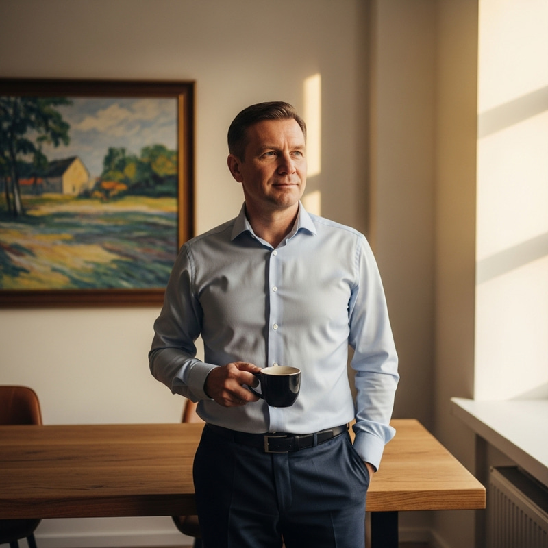 Calm Middle-Aged Man with Coffee in Well-Lit Room Calm Middle-Aged Man with Coffee in Well-Lit Room