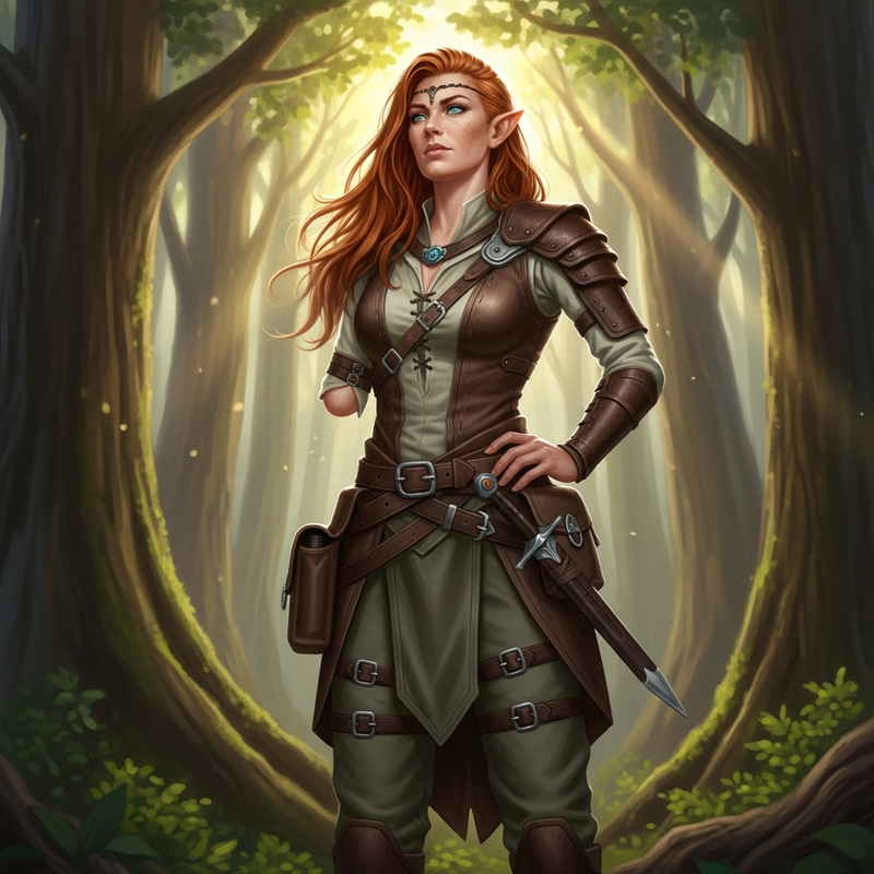 One-Armed Redhead Elf Woman in Leather Outfit