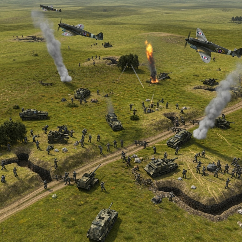 WW2 Battlefield Aerial View: Historical Combat Scene with Soldiers & Vehicles WW2 Battlefield Aerial View: Historical Combat Scene with Soldiers & Vehicles