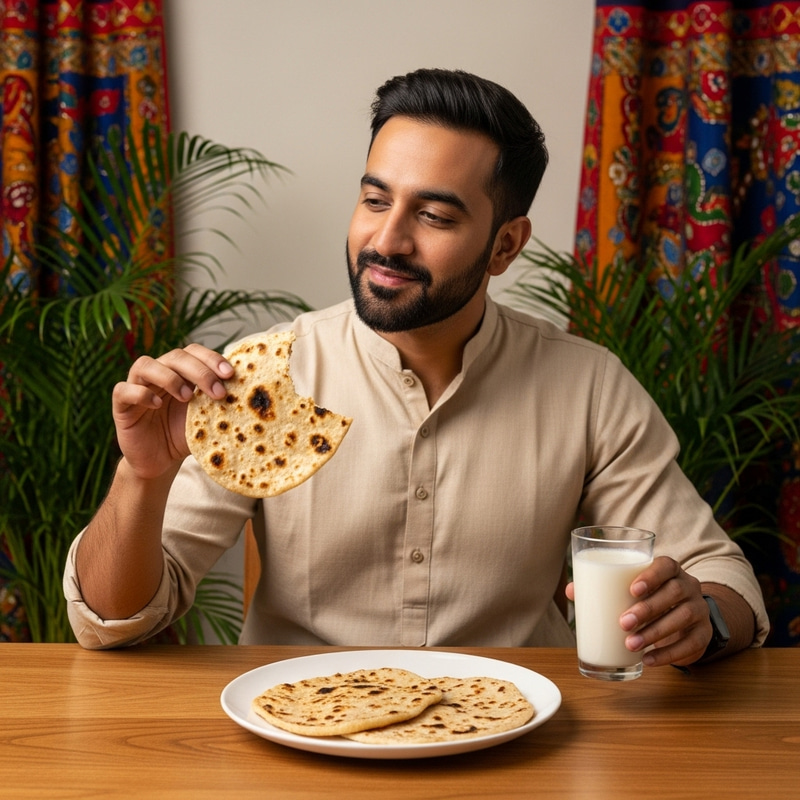 South Asian Man Eating Delicious Roti | Traditional Dining Scene