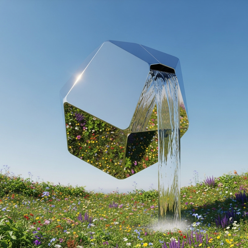 Shining Metallic Geometric Object with Cascading Water Shining Metallic Geometric Object with Cascading Water