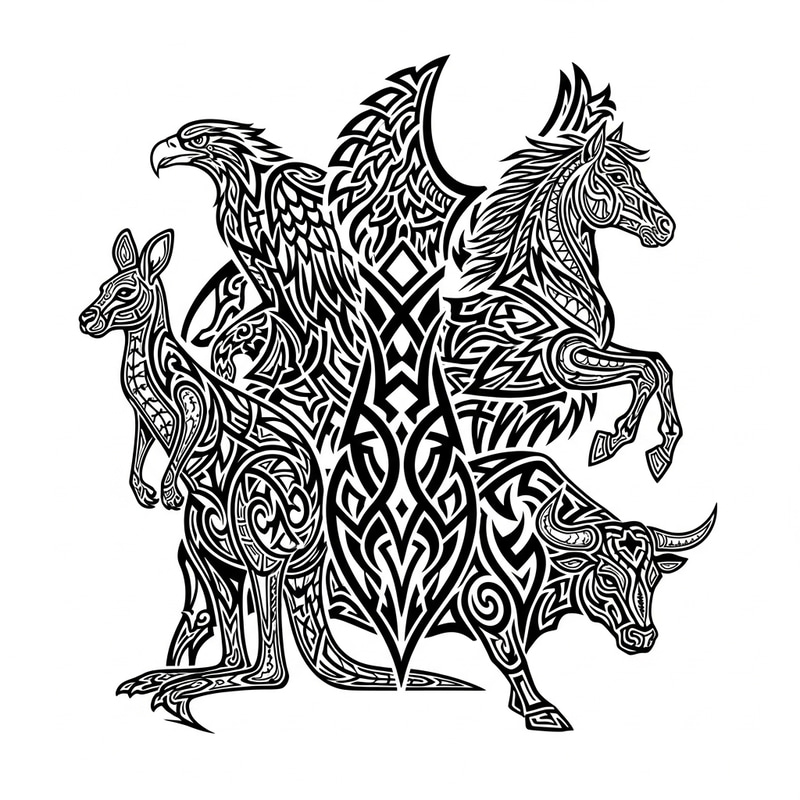 Interconnected Tribal Tattoo with Kangaroo, Horse, Eagle & Bull