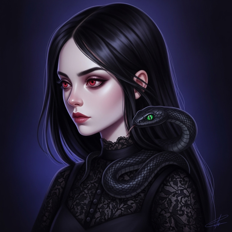 Mysterious Gothic Fantasy Art: Pale Girl with Black Hair and Red Eyes