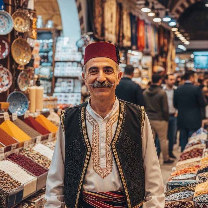 Turkish Man in Traditional Clothing - Vibrant Bazaar Scene Turkish Man in Traditional Clothing - Vibrant Bazaar Scene