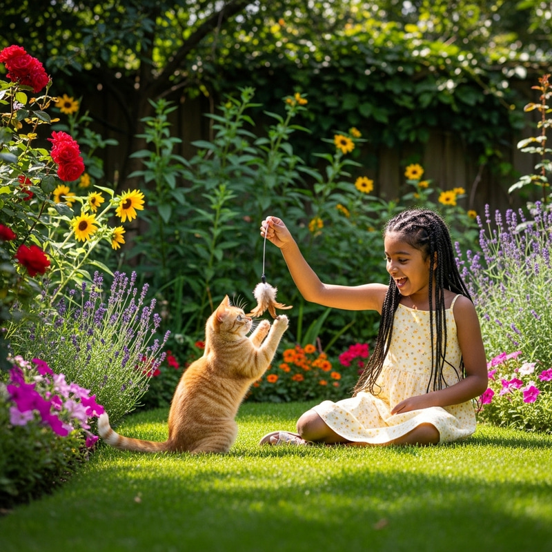 Girl Playing with Cat in Green Garden Girl Playing with Cat in Green Garden