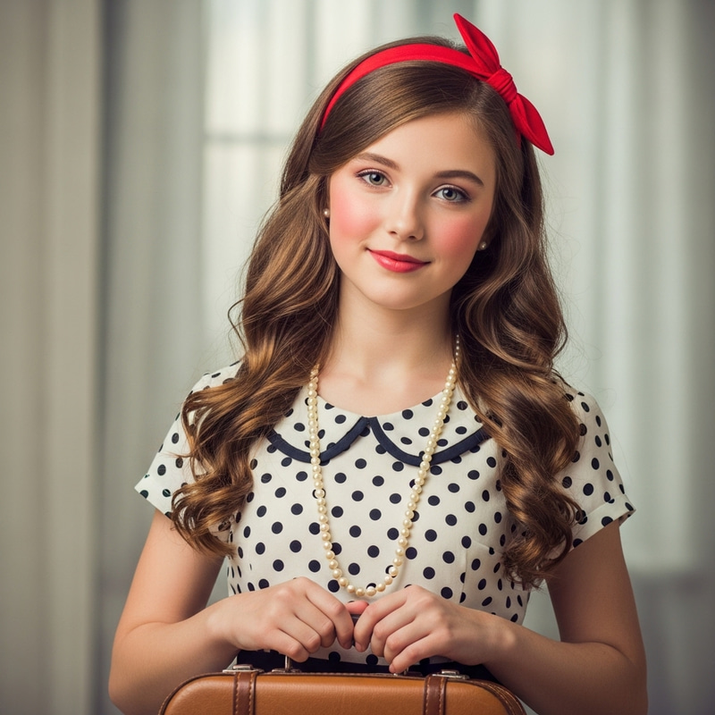 Vintage Style Girl Ready for Journey | 1920s Charm - Young Woman in Polka-dot Dress Vintage Style Girl Ready for Journey | 1920s Charm - Young Woman in Polka-dot Dress