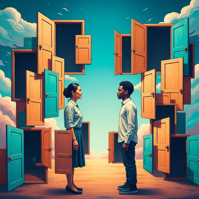 Surreal Painting Contrasting Open and Closed Mindsets with Vibrant Colors