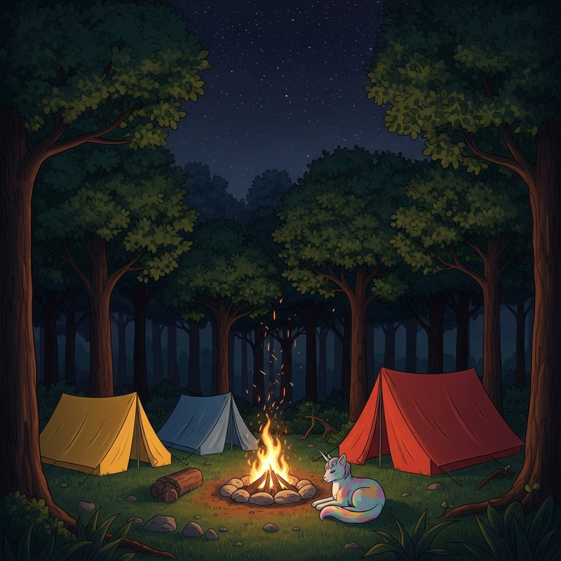 Enchanting Night Scene: Unicat in Magic Forest Enchanting Night Scene: Unicat in Magic Forest