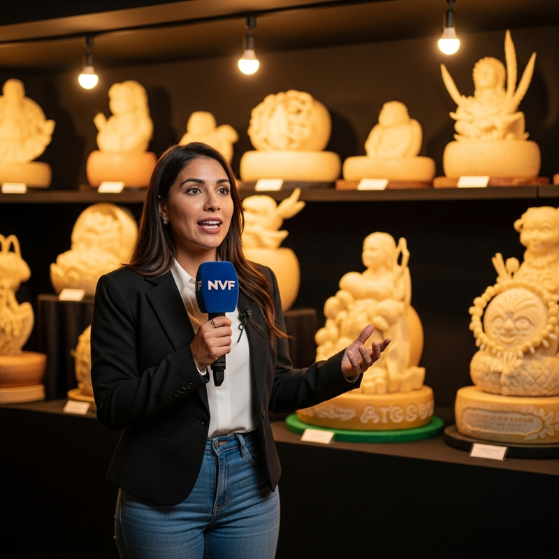 Female Reporter at Cheese Statue Exhibition - Artistic Culinary Showcase Female Reporter at Cheese Statue Exhibition - Artistic Culinary Showcase