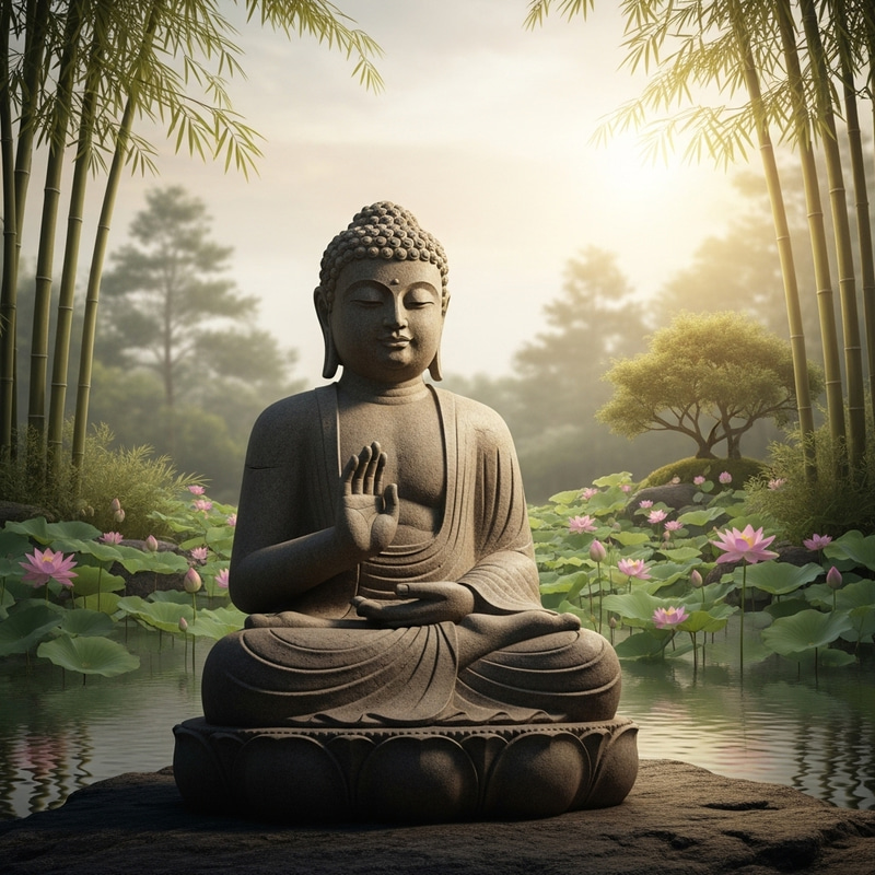Tranquil Stone Buddha Statue in Zen Garden Tranquil Stone Buddha Statue in Zen Garden