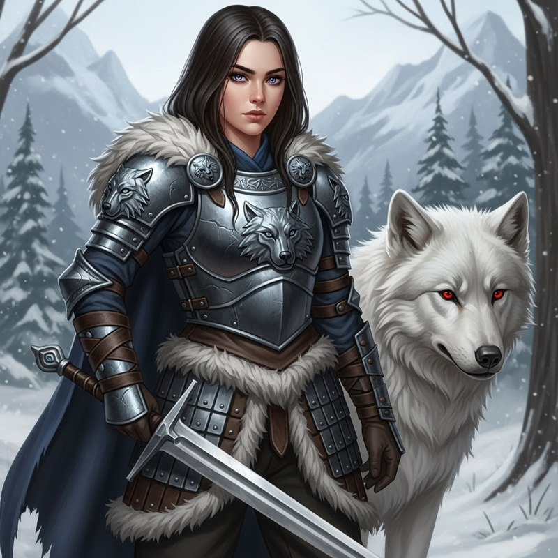 Young Female Northern Warrior in Snowy Mountain Forests with Albino Direwolf Young Female Northern Warrior in Snowy Mountain Forests with Albino Direwolf