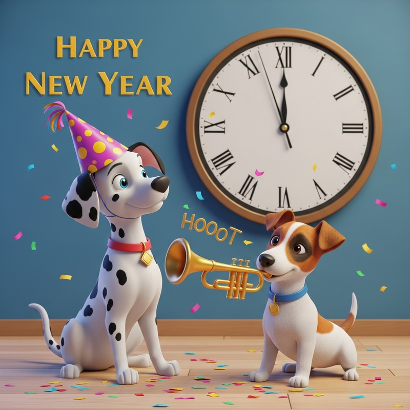 Dalmatian & Jack Russell New Year Cartoon Party Dalmatian & Jack Russell New Year Cartoon Party