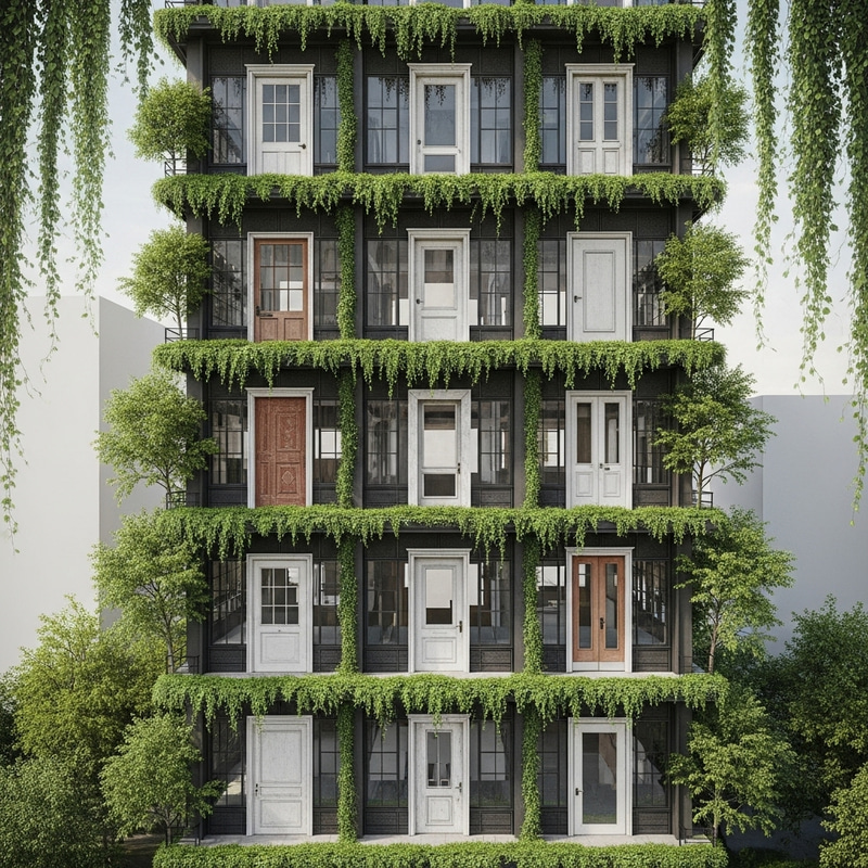 Unique Five-Floor Building Design with Greenery and Door Concept