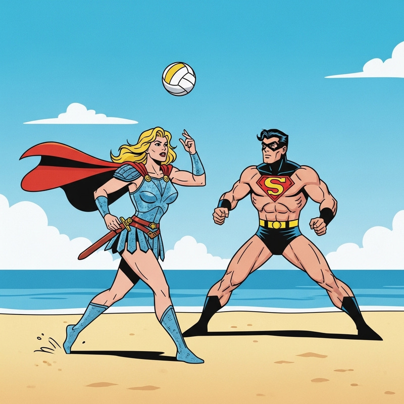 Vintage Superheroes Play Volleyball at the Beach
