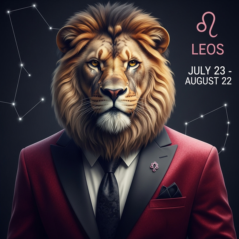 Realistic Leo Zodiac: Charismatic Lion in Rose Red & Black Suit Realistic Leo Zodiac: Charismatic Lion in Rose Red & Black Suit