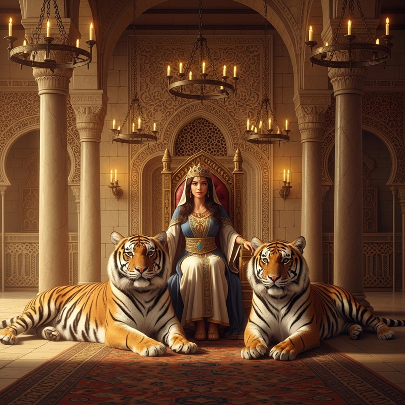 Breathtaking Middle-Eastern Princess with Tigers in Luxurious Royal Hall